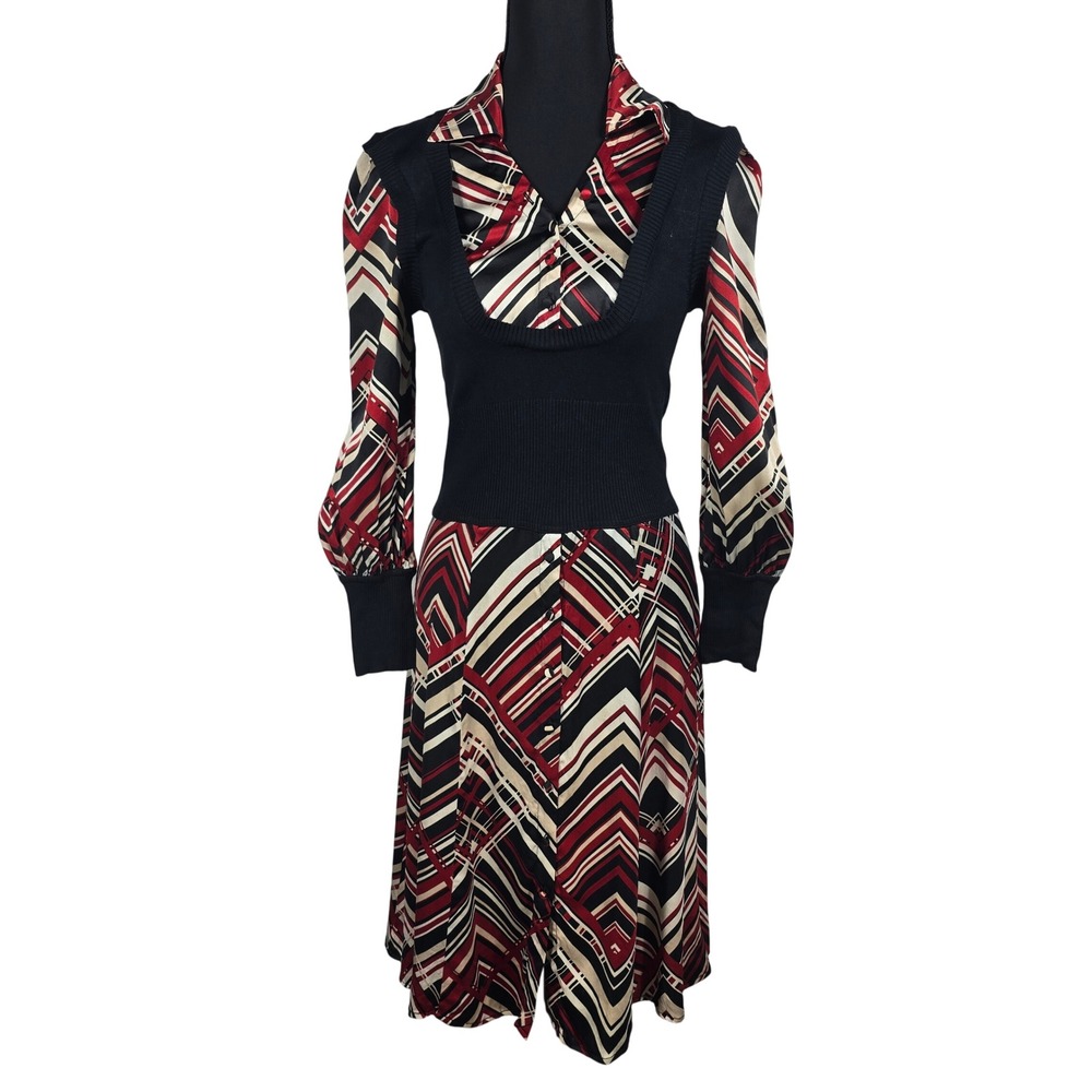Bebe Y2K Silk Blend Geometric Chevron Midi Dress Black Red Ribbed Knit Vest XS‎